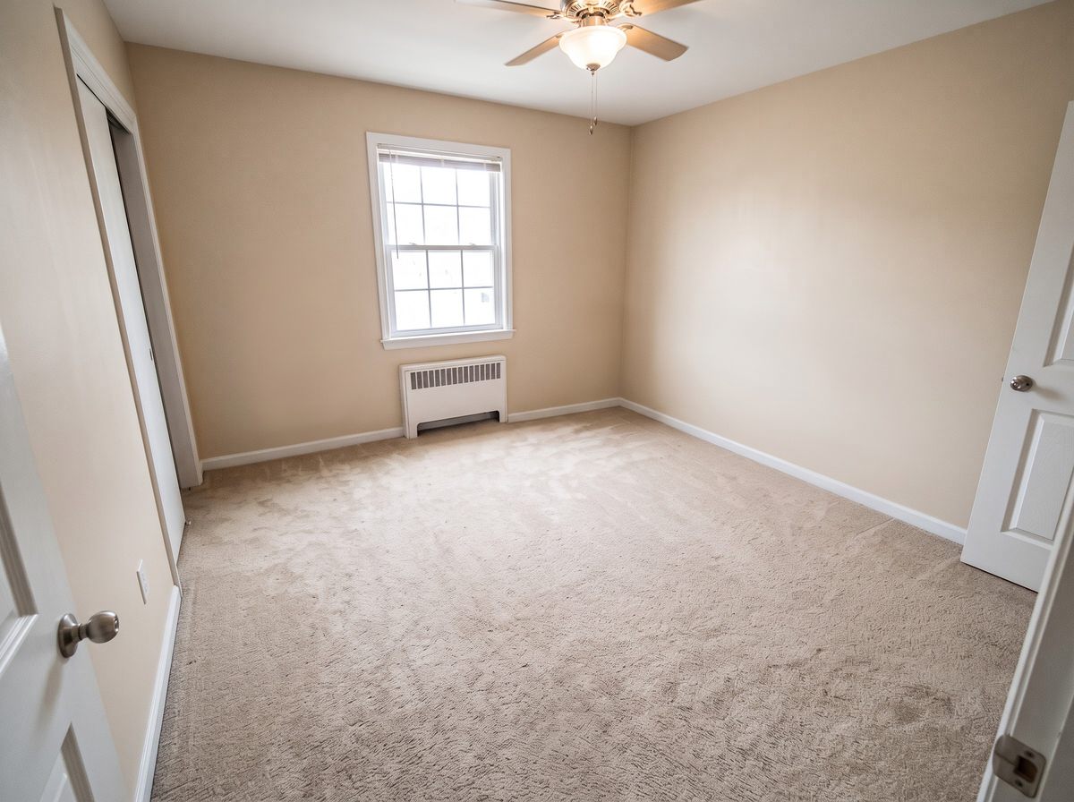 The same bedroom after Declutter: an empty room with beige walls, carpet, the window, radiator, ceiling fan and doors exactly where they were.