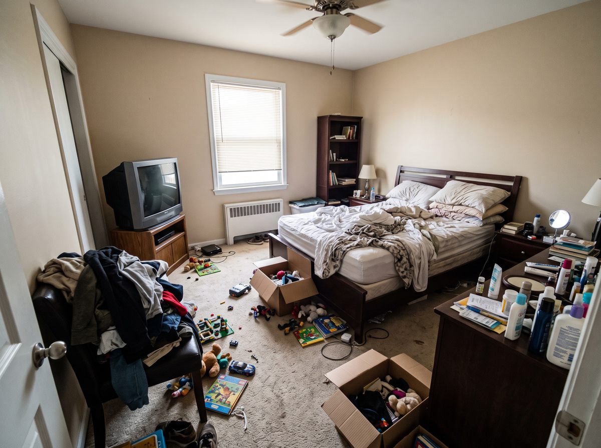 A cluttered bedroom: an unmade bed, clothes on a chair, toys and boxes on the carpet, an old TV and bottles on the dresser.
