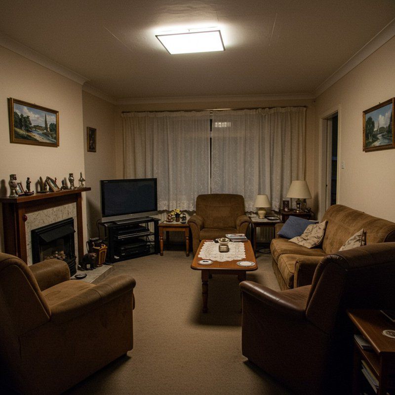 A dim living room with brown recliners, a sofa, a TV stand, a coffee table and pictures on the walls around a fireplace.