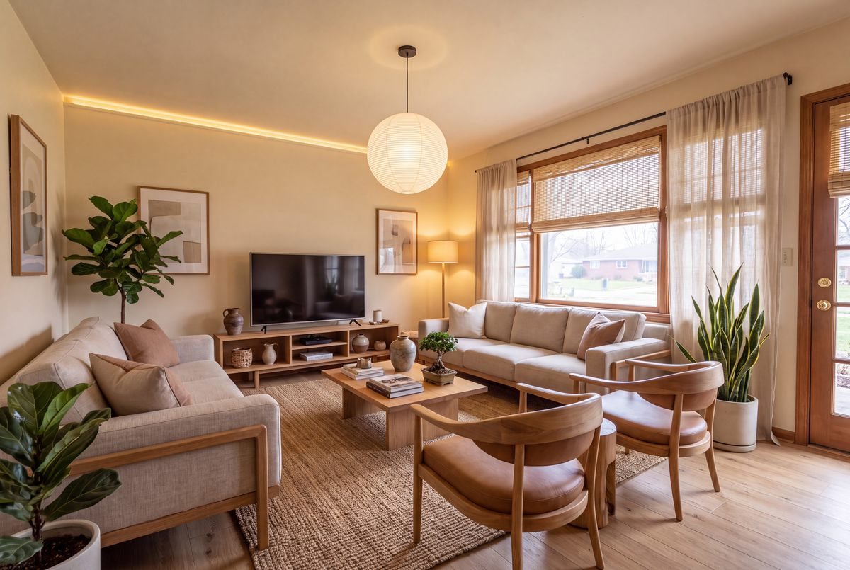 The same living room redesigned in a warm Japandi style: a light sofa, wooden armchairs, a flat-screen TV on a low console, plants, a paper pendant lamp and a jute rug.
