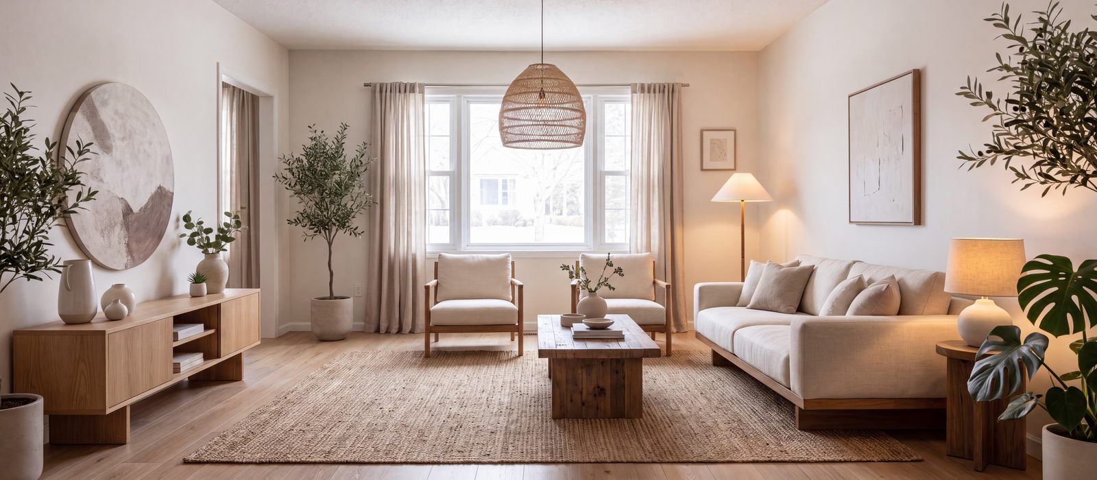The same room redesigned with a cream sofa, a low wooden console, olive trees, a rattan pendant light and a jute rug.