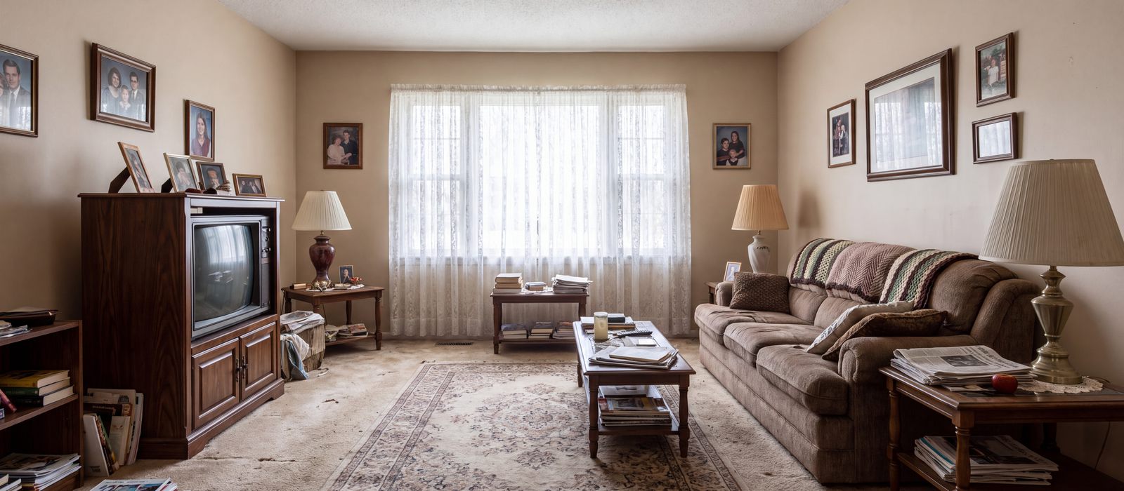 A family room with framed photos on the walls, a wooden TV cabinet, a brown sofa and a patterned rug.
