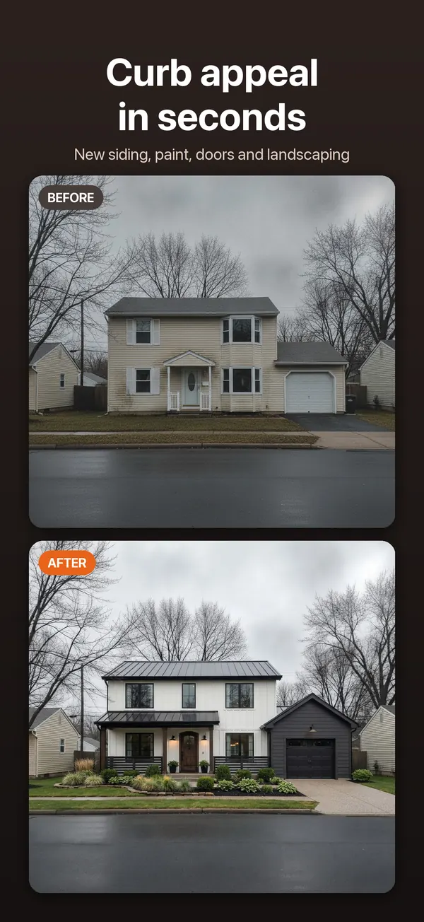 Screenshot: a plain beige house above the same house with white siding, a black roof and new landscaping.