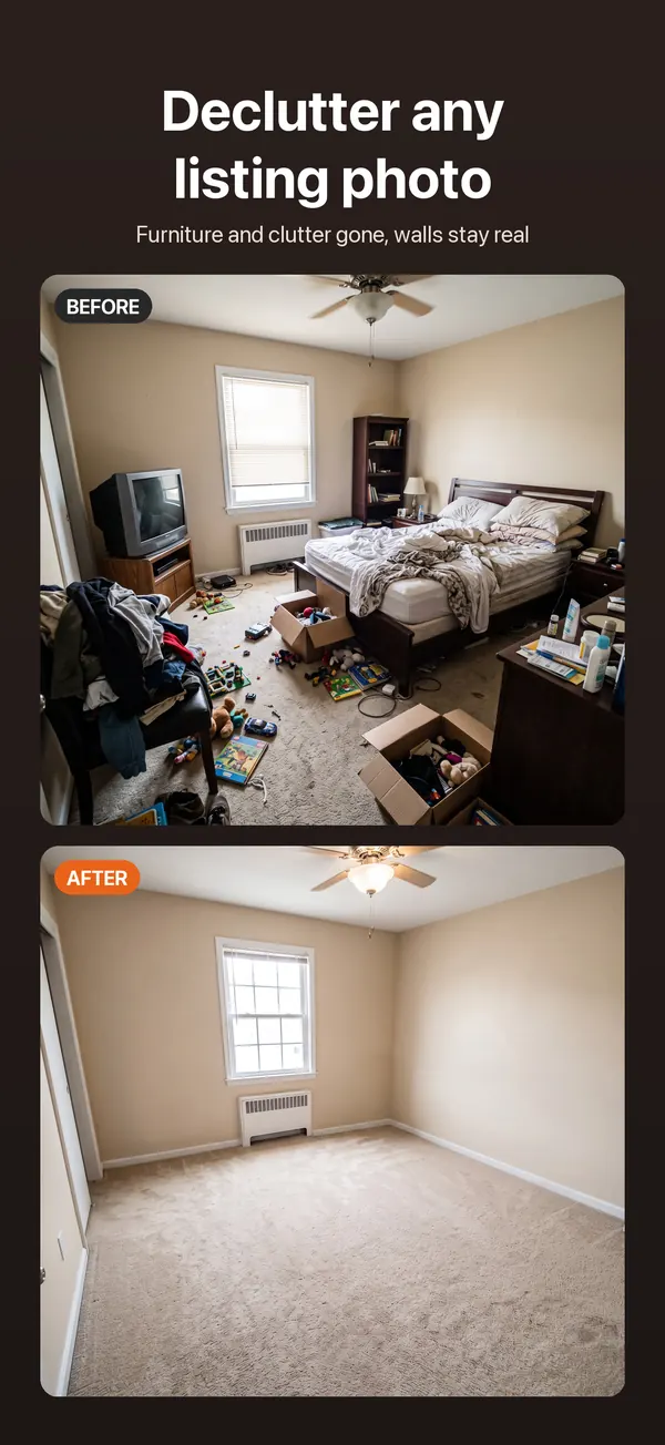 Screenshot: a messy bedroom above the same bedroom cleared of furniture and clutter.