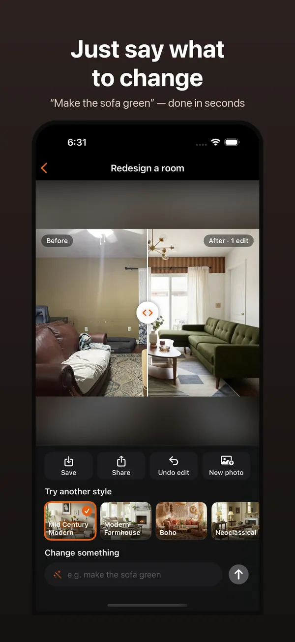 A Decorous redesign result on iPhone, with Save, Share, Undo edit and New photo buttons, a row of styles, and the Change something text box.