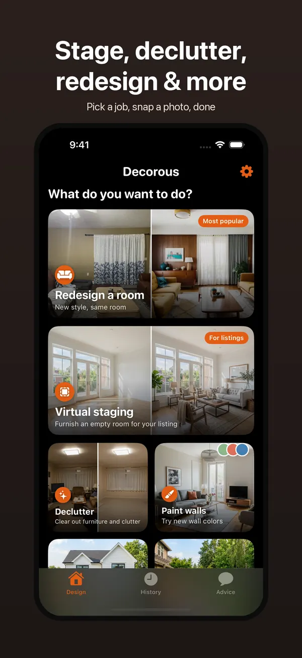 Screenshot: the Decorous home screen asking what you want to do, with Redesign, Virtual staging, Declutter and Paint tiles.