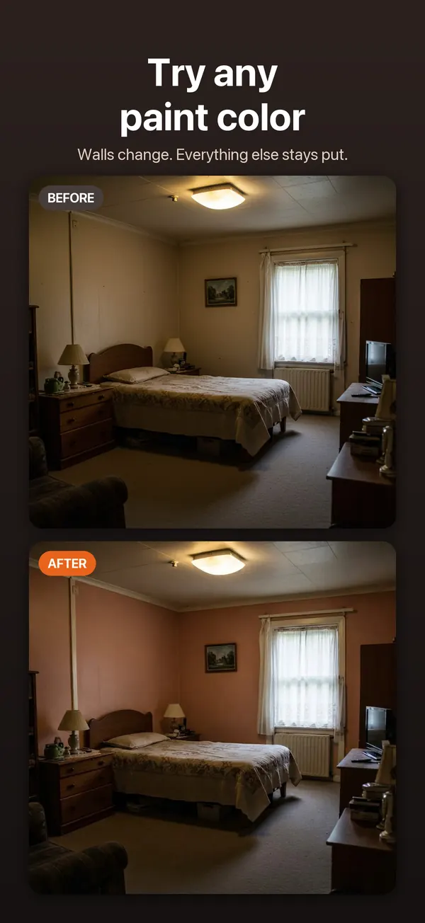 Screenshot: a bedroom with beige walls above the same bedroom with terracotta walls.