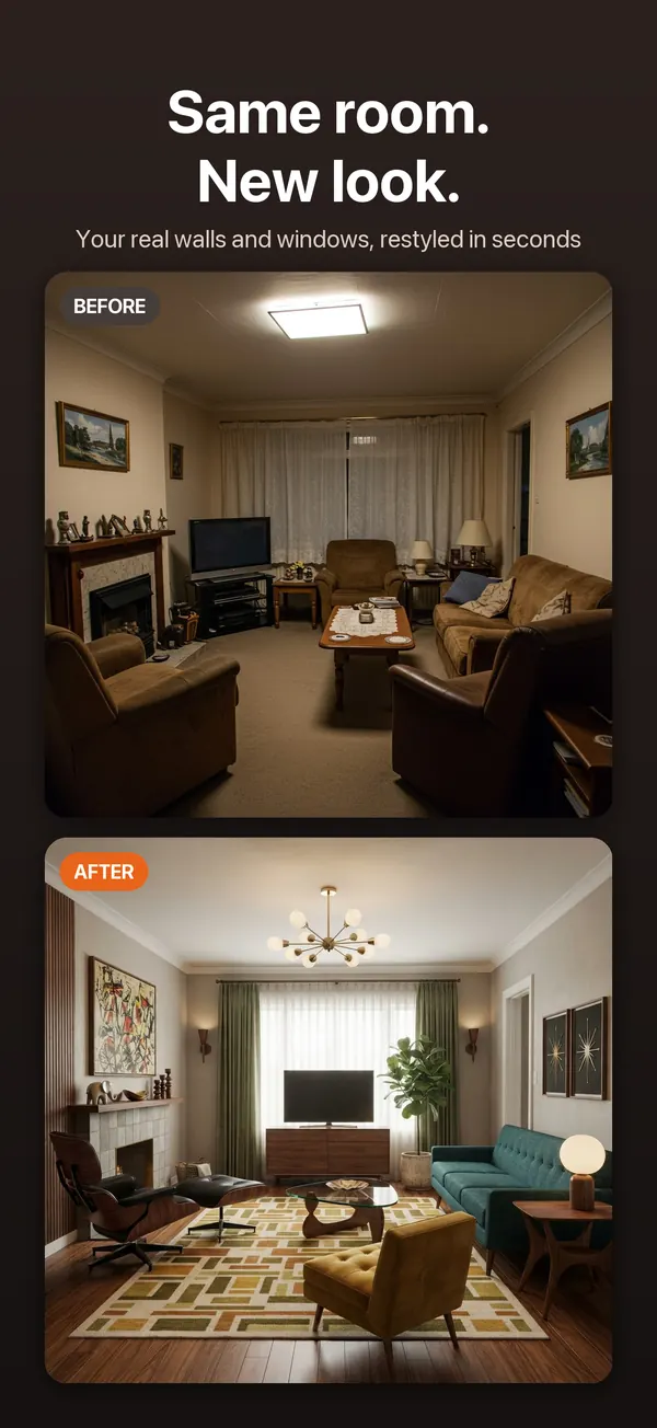 Screenshot: a dated living room above the same room restyled in Mid Century Modern.
