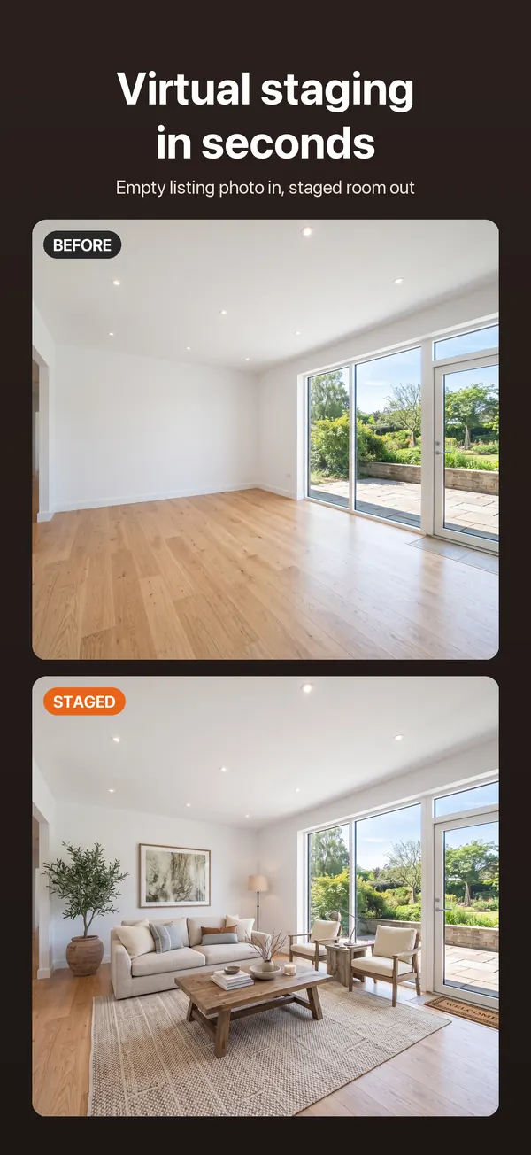 Screenshot: an empty living room above the same room virtually staged with a sofa, armchairs and a rug.