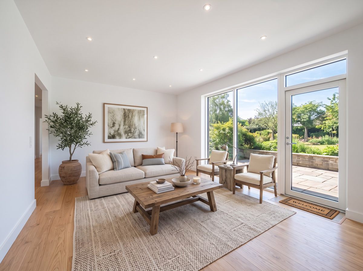 The same living room virtually staged by Decorous: a linen sofa, wooden coffee table, two armchairs, a rug, an olive tree and wall art. The floors, doors and windows are unchanged.