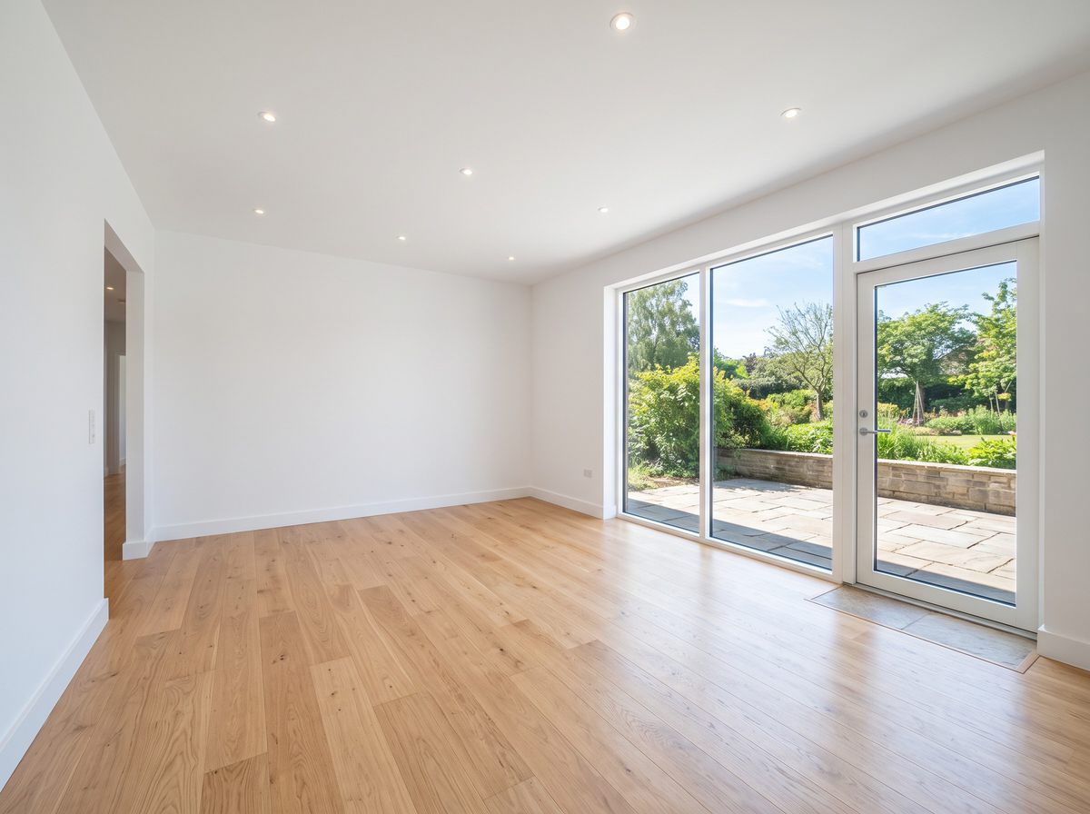 An empty living room with oak floors, white walls and glass doors onto a garden patio.